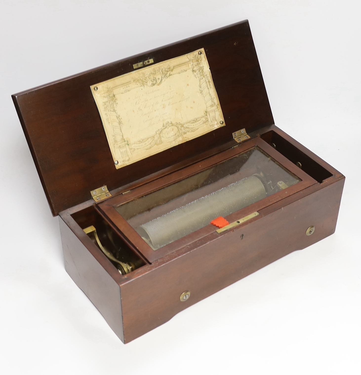 A late 19th century Swiss mahogany cased six air cylinder musical box playing on seventy-seven teeth, barrel 20.5cm wide, case; 39.5cm wide, 17.5cm deep, 13cm high